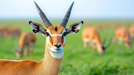  A majestic antelope stands gracefully in a lush green field, showcasing its striking features and impressive horns. © Autaporn