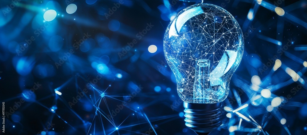 Poster Stock and innovative technology concept featuring a light bulb with a complex digital network inside. Dark technology background.