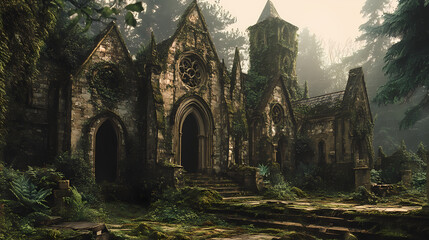 Obraz premium Moss covered ruins of victorian era buildings, royal gentry property, mysterious romantic ambient, jane austen era epoque and stories. Victorian Era. Illustration
