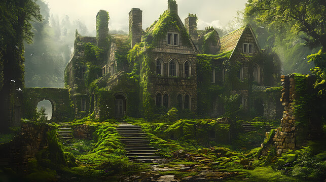 Moss covered ruins of victorian era buildings, royal gentry property, mysterious romantic ambient, jane austen era epoque and stories. Victorian Era. Illustration