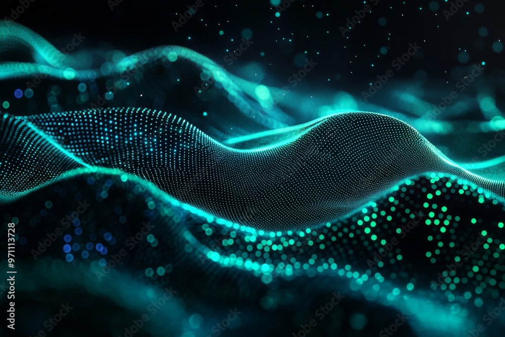 Aufkleber Rendering a dynamic background of dots in 3D green futuristic flow technology abstract datum ideas business illustration digital music science pattern grid