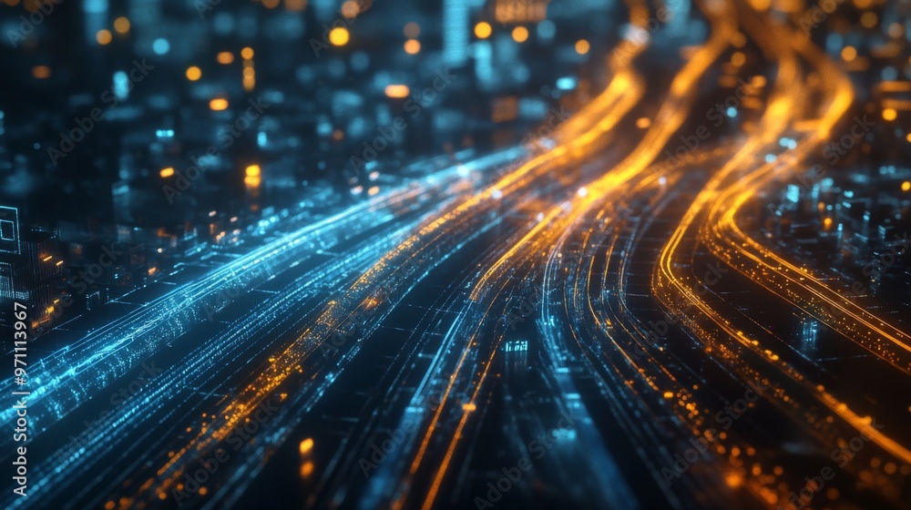 Poster visualization of electric waves coursing through a futuristic power grid, illustrating the concept o