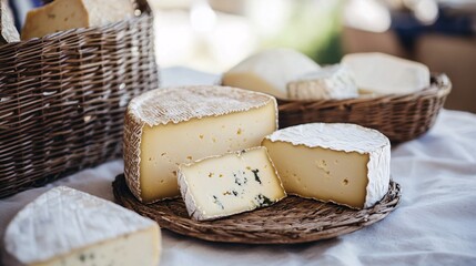 Assorted artisan cheeses on woven trays