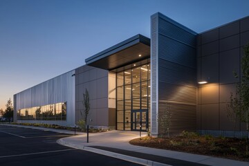 A modern warehouse office building with a sleek steel exterior. Stock