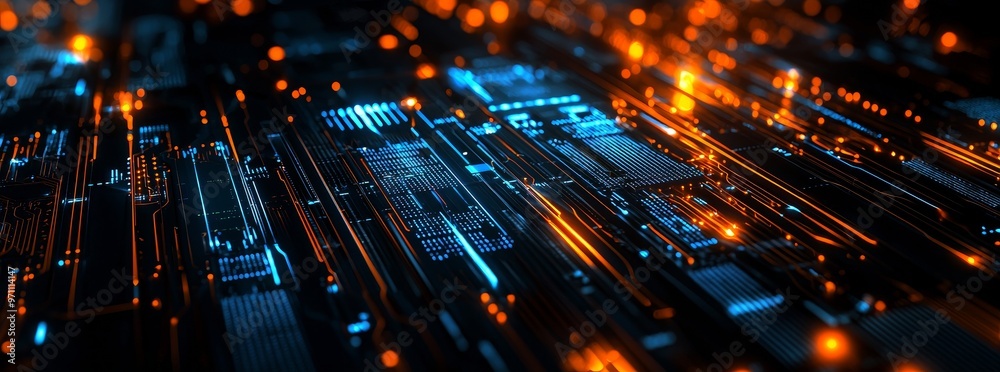 Fototapete background with illuminated fiber optics, quantum computing network system, and electronic global in