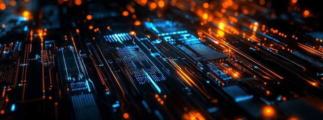 Background with illuminated fiber optics, quantum computing network system, and electronic global intelligence