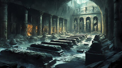 Obscured catacombs beneath roman temple harbor revered figures in eternal sleep. Roman Empire. Illustration