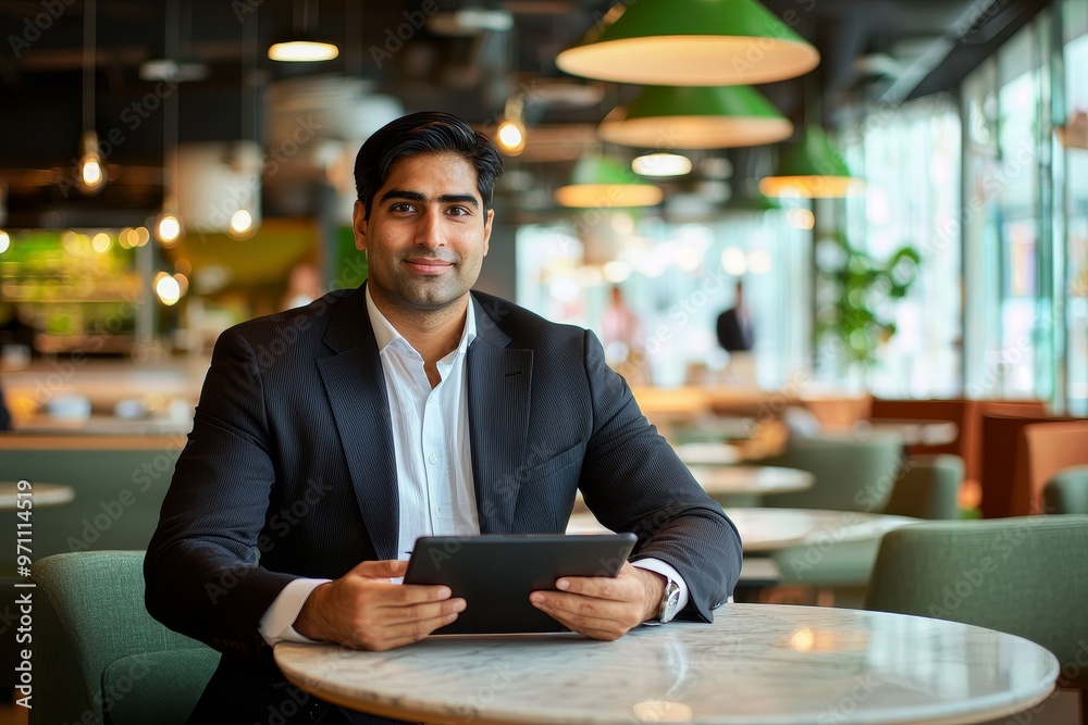 Poster professional indian businessman using tablet computer and looking at camera at office desk