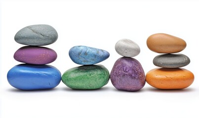 A row of colorful rocks stacked on top of each other. The colors are blue, green, purple, yellow, and orange. The arrangement of the rocks creates a sense of balance and harmony