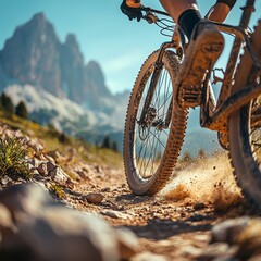 Mountain Biker on Rugged Trail with Dust and Mountain Views