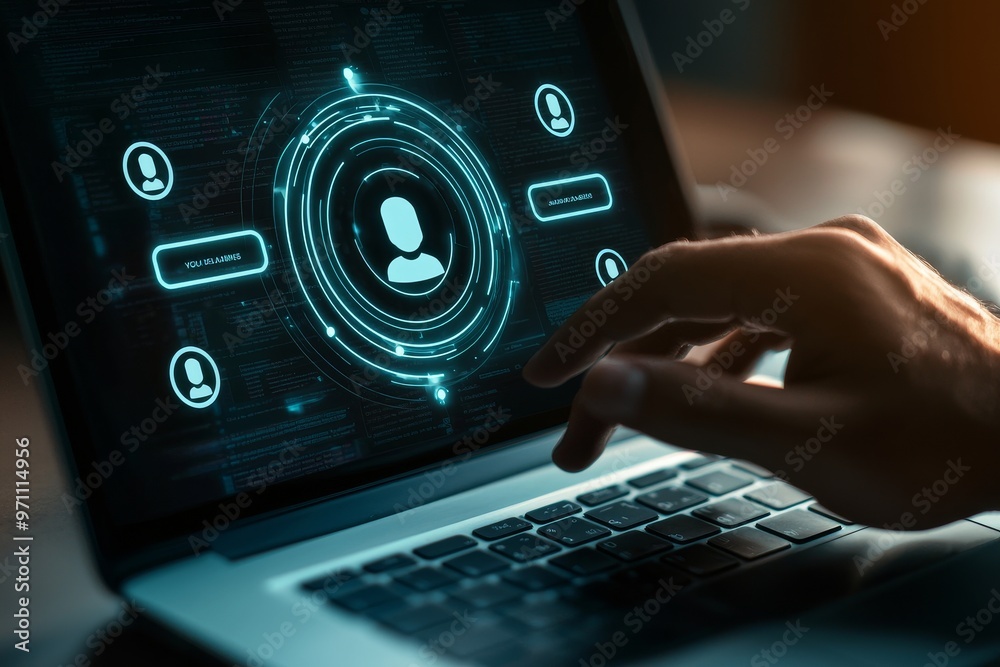 Poster For cyber security, businessmen use laptops and hand-held devices to access databases by digital identities by using digital identification cards.
