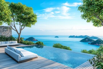 Obraz premium With an infinity pool and a comfortable outdoor lounge area, this modern beachfront villa offers an excellent view of the sea.