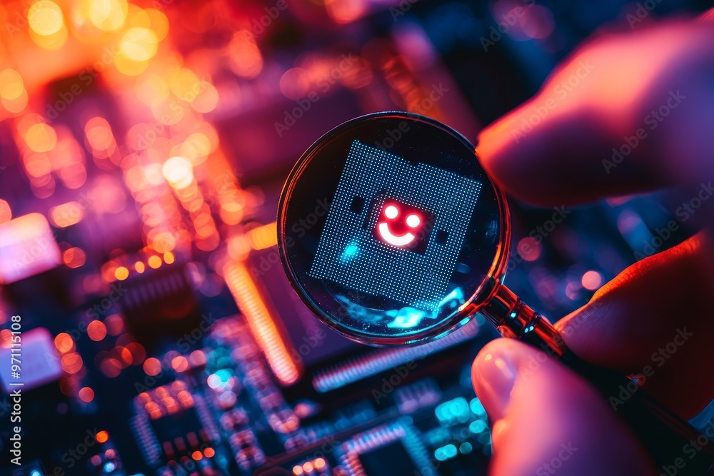 Poster a person uses a magnifying glass to focus on their identity verification system to protect financial