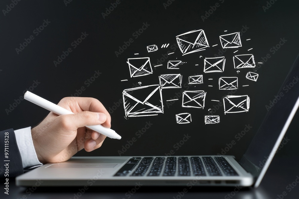 Poster a person uses a laptop to send many e-mails or a digital newsletter to customers. direct selling pro