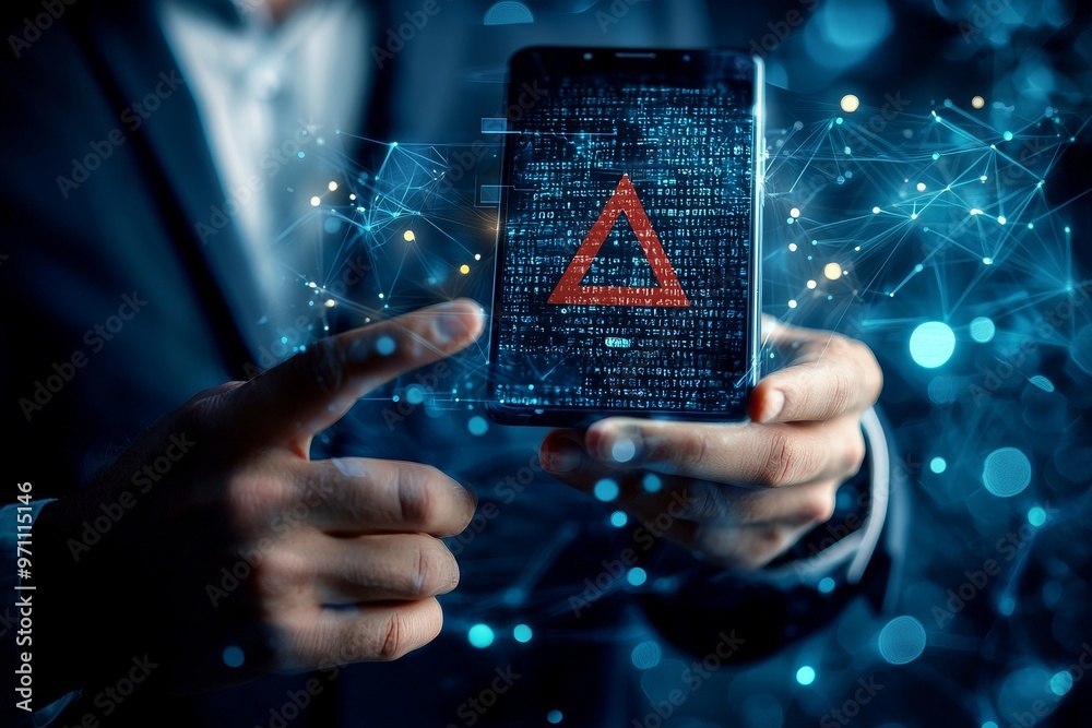 Poster Hacking warning alert. Person uses phone with virtual warning sign for cyber attacks. Ransomware, viruses, spyware, malicious software, data breaches, cyber security, cybercrime.
