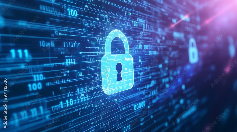 Poster Binary code digital padlock on abstract cyber security technology blue background