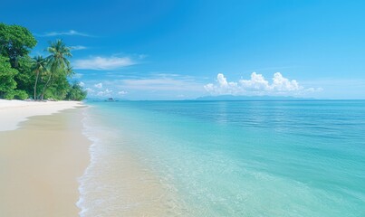 A serene tropical beach with clear blue water and soft sand, perfect for relaxation and vacation inspiration.