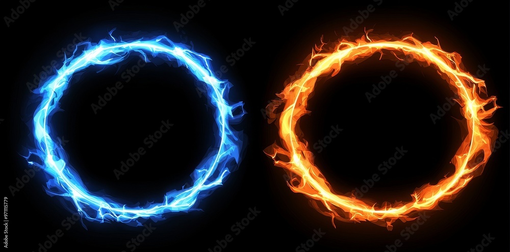 Poster fire flames and plasma effect ring graphics isolated on transparent png background and black backgro