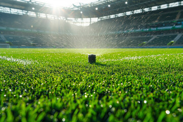 Sprinkler system working on fresh green grass on football, soccer stadium.