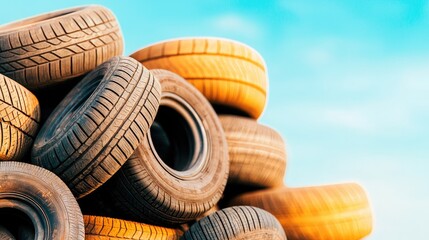 Obraz premium A stack of used tires against a bright blue sky, showcasing the texture and patterns of rubber materials.