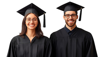 Isolated happy male and female Caucasian graduates in traditional black cap and gown.
