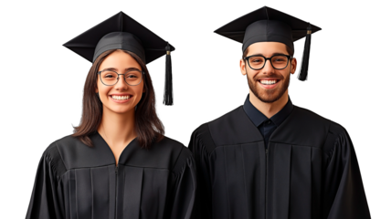 Isolated happy male and female Caucasian graduates in traditional black cap and gown.