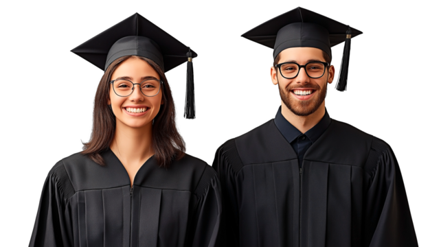 Isolated happy male and female Caucasian graduates in traditional black cap and gown.