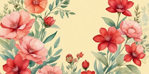 Obraz premium pretty red theme flowers on pastel yellow background, concept for banner, watercolor style