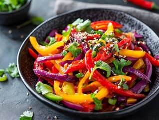 Vibrant Vegan Stir-Fry A Rainbow of Colors and Flavors in a Black Bowl, Featuring Sliced Bell Peppers, Red Onions, and Sesame Seeds