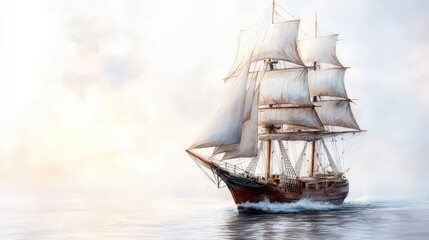 Fototapeta premium A stunning sailing ship navigates through calm waters, showcasing its majestic sails against a serene foggy backdrop.