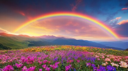Illustration Panoramic view of colorful rainbow arching over colorful flower fields during beautiful sunset. Ai generated image