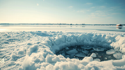 Snow-covered landscape with an ice fishing hole on a frozen lake, with distant houses and a clear sky. Concept of winter fishing, frozen nature, outdoor adventure, and cold weather activities