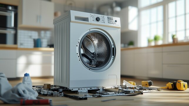 A washing machine under repair in a bright kitchen during the afternoon with tools and parts scattered around for maintenance