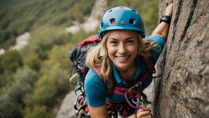 Woman smiling while rock climbing.