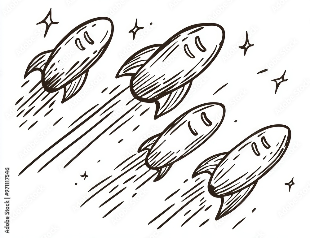 Aufkleber An isolated object drawing of a comet. A set of modern sketches with flying comets.