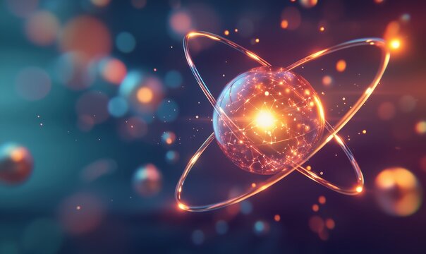 A glowing sphere with a bright yellow center surrounded by a circle of smaller spheres. Concept of energy and movement, as if the sphere is a representation of a particle in motion - Powered by Adobe