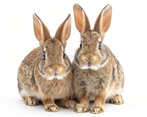 Fototapeta premium Two adorable rabbits posing for the camera in front of a charming pastel colored wall backdrop