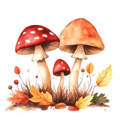 Watercolor Autumn Mushrooms with Fall Leaves
