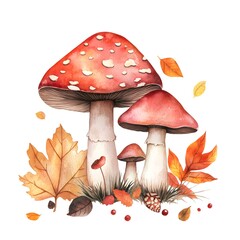Watercolor Autumn Mushroom Illustration with Fall Leaves