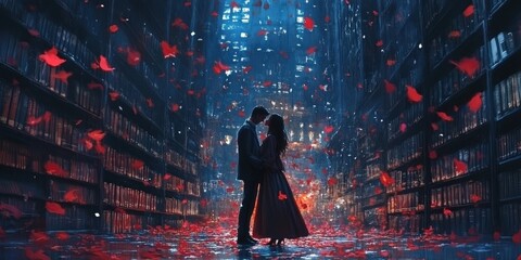 A romantic embrace in a mystical library filled with floating rose petals under soft blue lighting at dusk. Generative AI