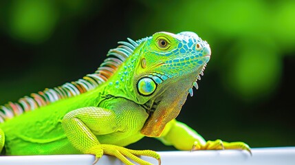 Fototapeta premium A vibrant green iguana resting on a branch, showcasing its detailed scales and colorful features against a lush background.