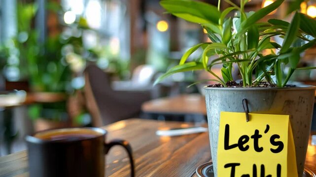 Cozy Coffee Shop with Greenery and "Let's Talk!" Note on Table