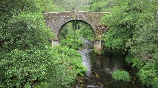 Arch Bridge Ponte de Porto Across River Sor Manon In Forest In A Coruna, Spain. drone approach