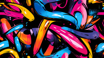 Obraz premium Vibrant stroke of graffiti in seamless pattern art style on black background. Graffiti Art. Illustration