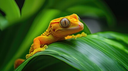 A vibrant yellow gecko resting on a green leaf amidst a lush background.