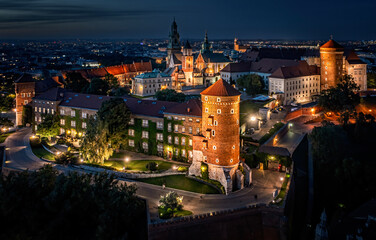 Illuminated Wawel Castle at night, Krakow, Poland