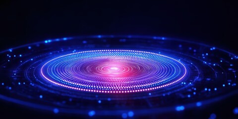 Obraz premium A mesmerizing digital illustration showcasing vibrant blue and purple concentric circles with glowing dots in a dark background.