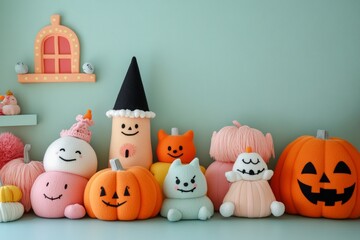 Fototapeta premium Halloween is a non-scary decor for children with soft felt and smiling characters, funny and cute, not creepy.