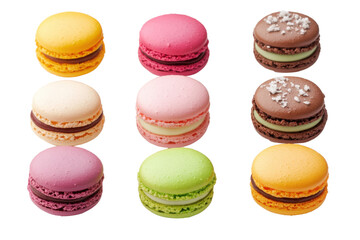 Obraz premium Colorful macarons arranged in two rows, featuring a variety of flavors and textures, perfect for a sweet treat photography.