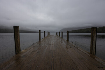 Fototapeta premium Wooden jetty at the shore of Lake Rotoiti, New Zealand.